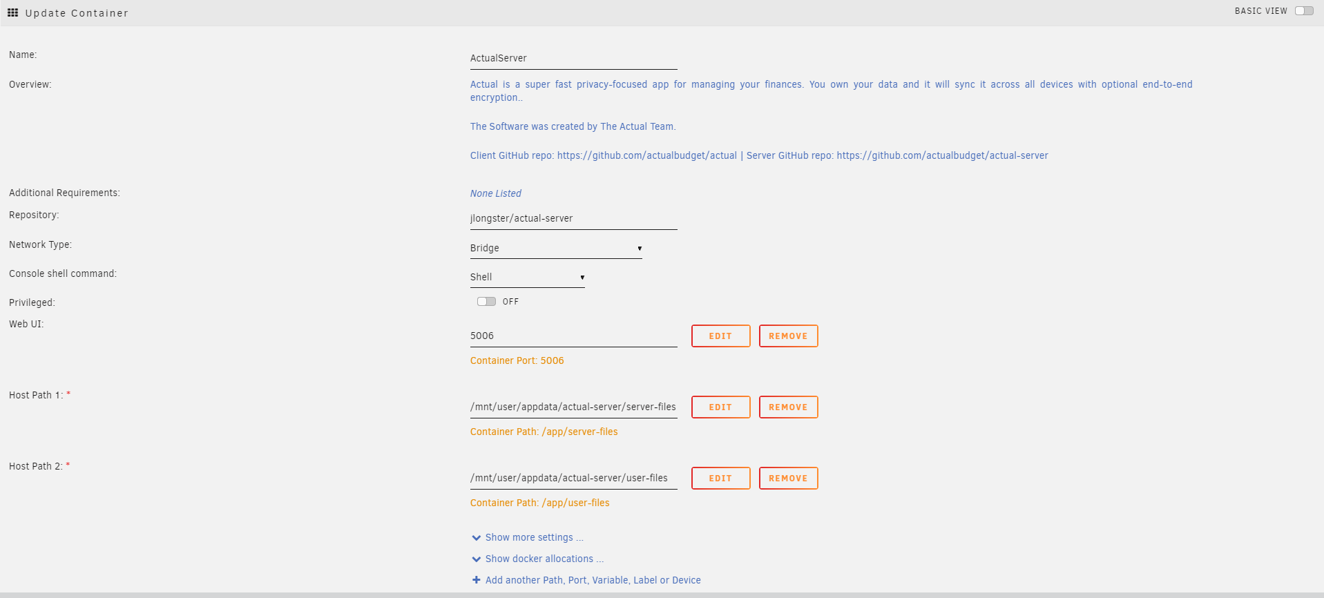 Docker settings