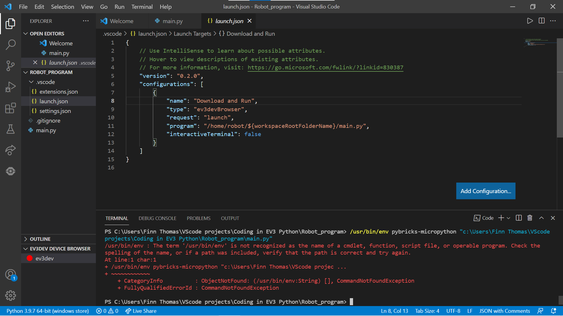 #!/usr/bin/env pybricks-micropython returns error message in visual ...