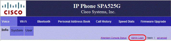 Top menu Bar of Cisco SPA525