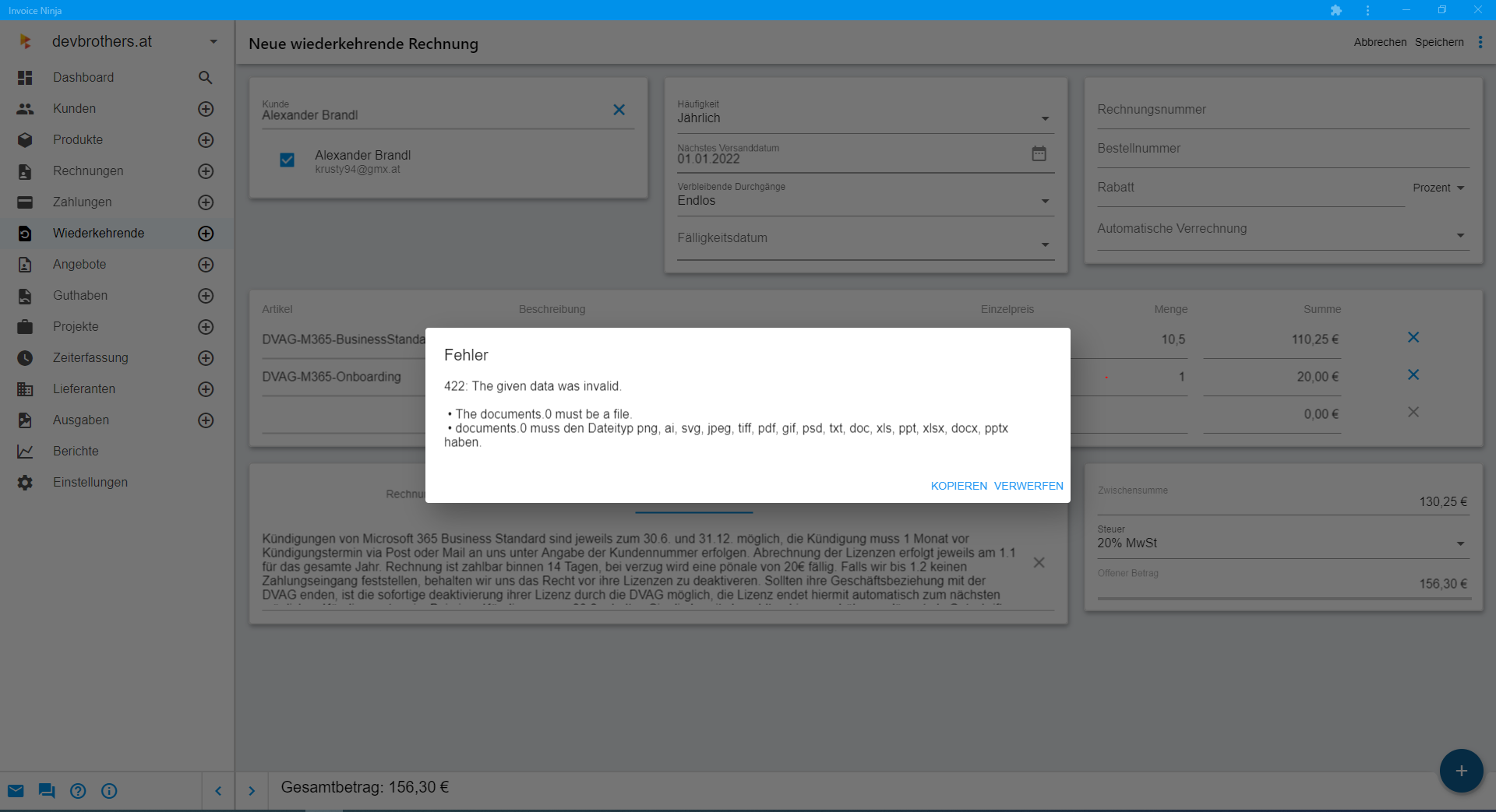 Saving Copy of Invoice which had a Document attached throws an error ...