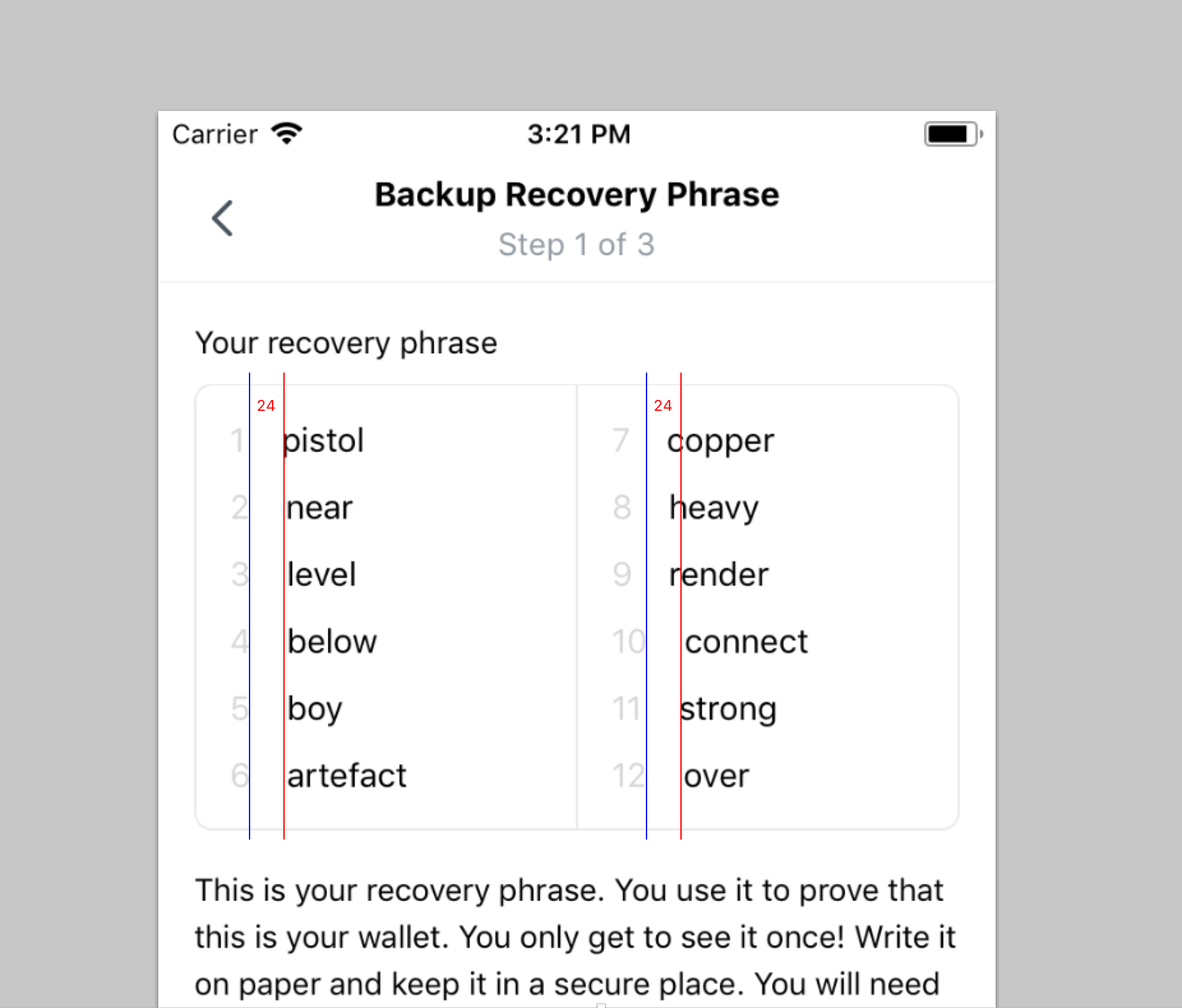 Properly Ordered Seed Phrase, Waiting for a user to write it down. Credit: Github Denis-sharypin