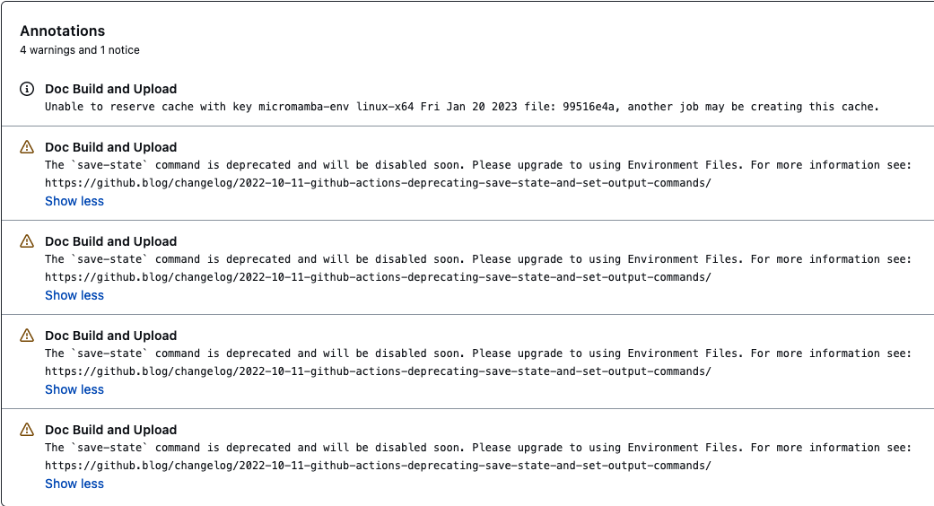 Screenshot of docs build warning in CI