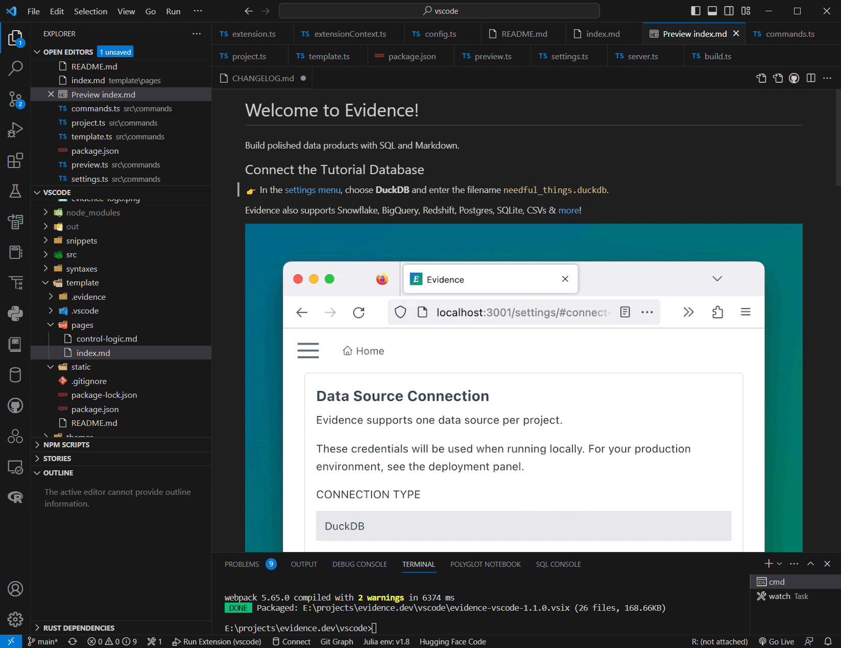 Create new simple Evidence app project `template` to bundle with ...