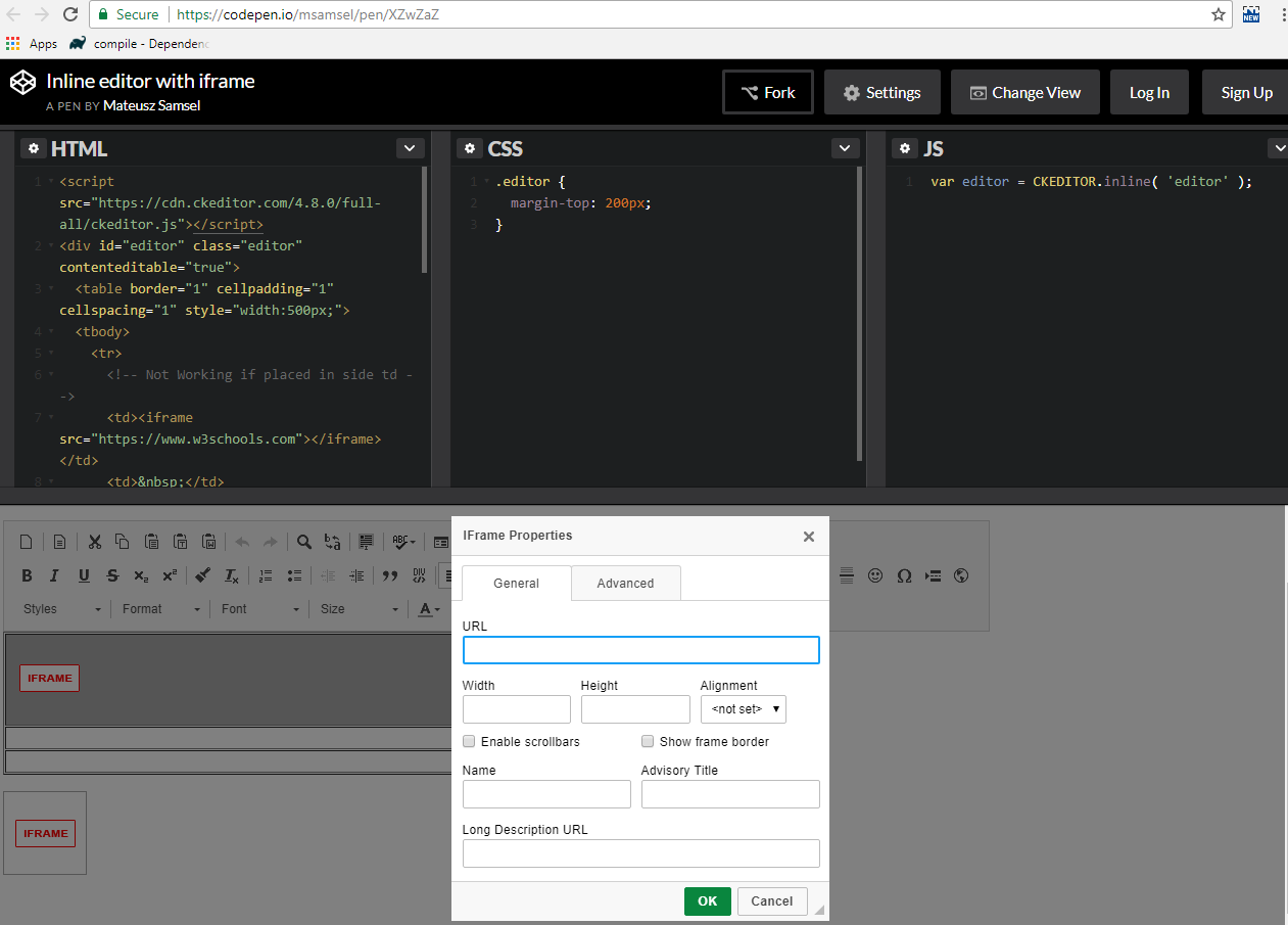 IFrame Properties dialog does not show URL on Double Click with inline ...