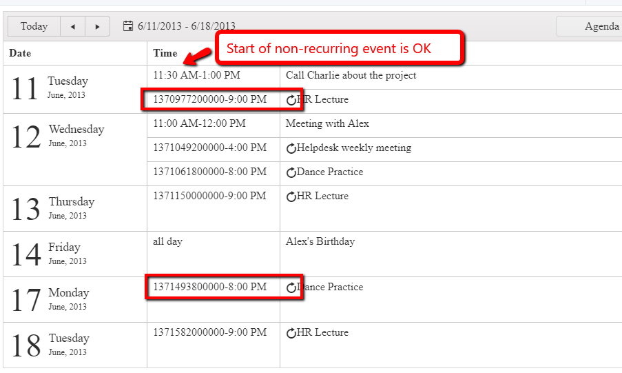 Incorrect parsing of recurring events start time, when displayed in Agenda view