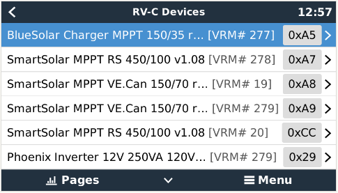 RV-C: DC Source messages, diagnostics, GX and RV-C out configuration