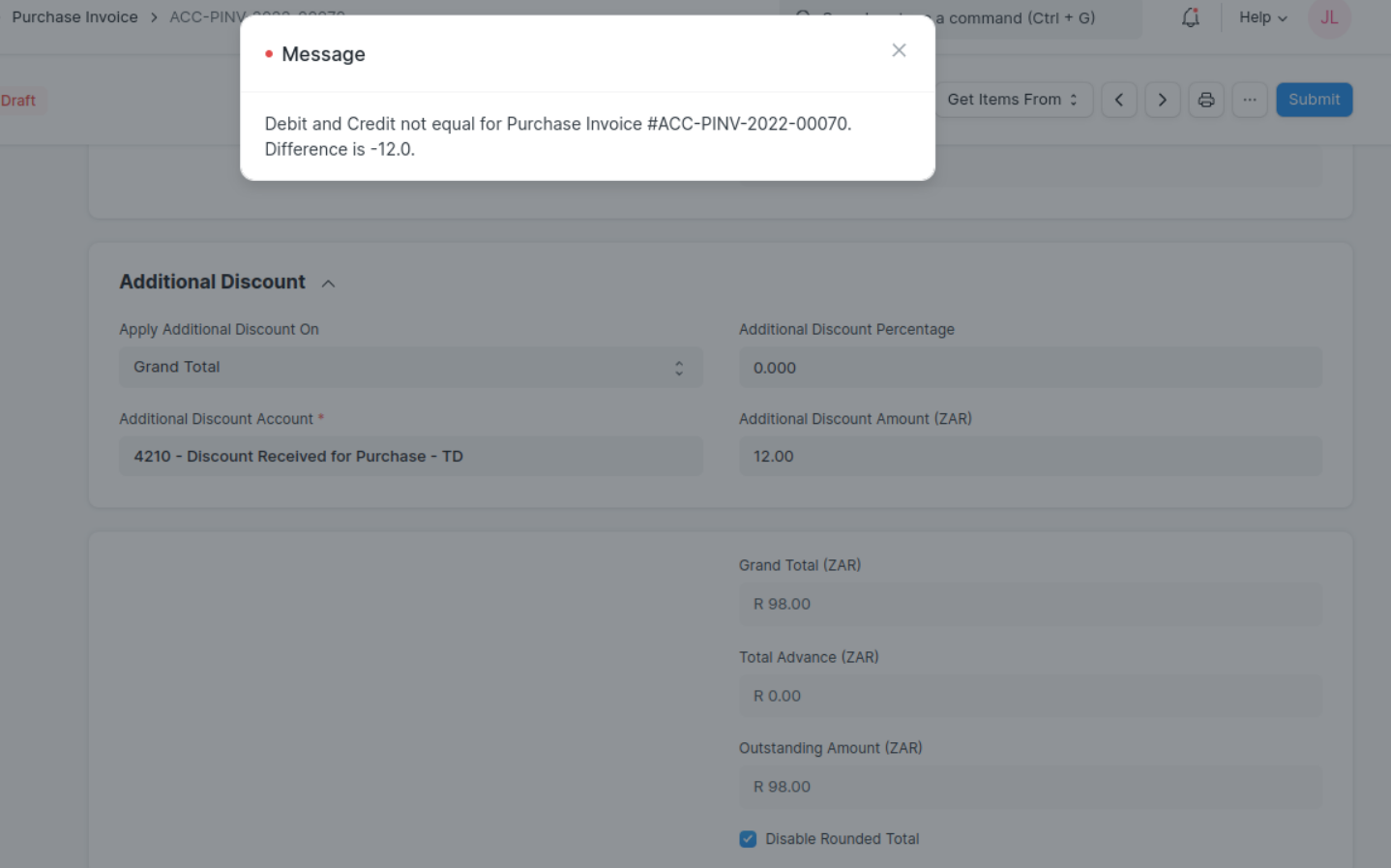 Issues with Discount accounting in Purchase invoice with update stock :  Debit and Credit not equal · Issue #30697 · frappe/erpnext