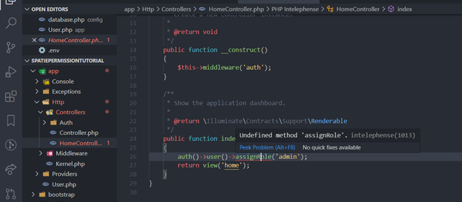 intelephense says Spatie HasRoles Undefined type · Issue #1508 · spatie ...