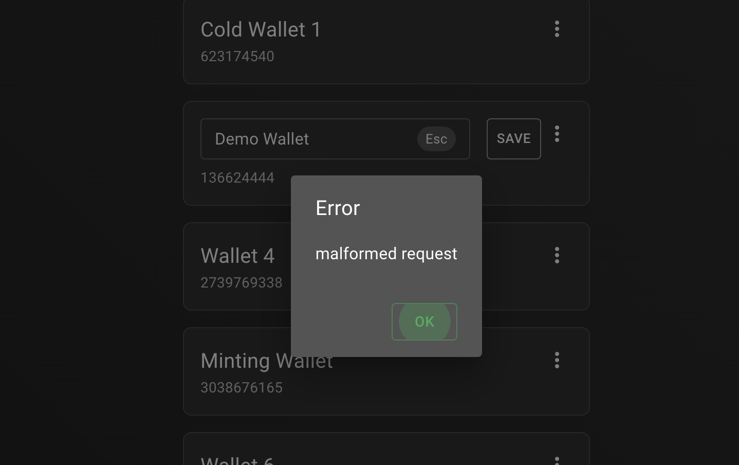 [Bug] When I rename two wallets with the same name, I get a cryptic ...