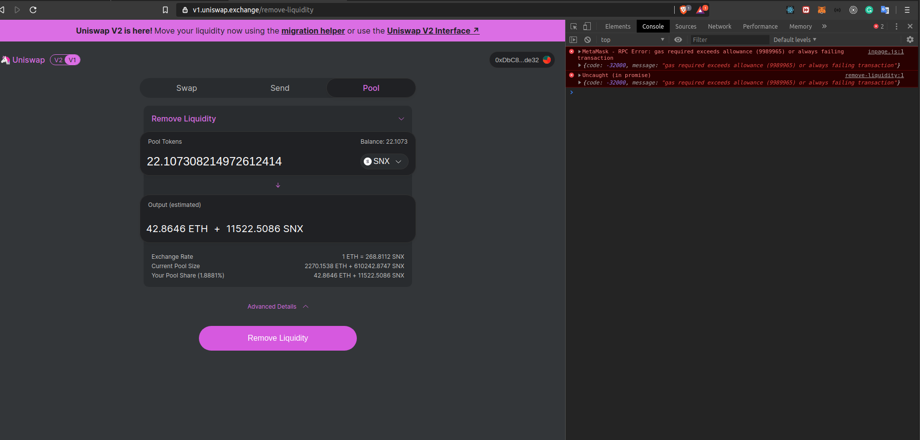 Unable to remove liquidity from SNX pool · Issue #860 · Uniswap/interface
