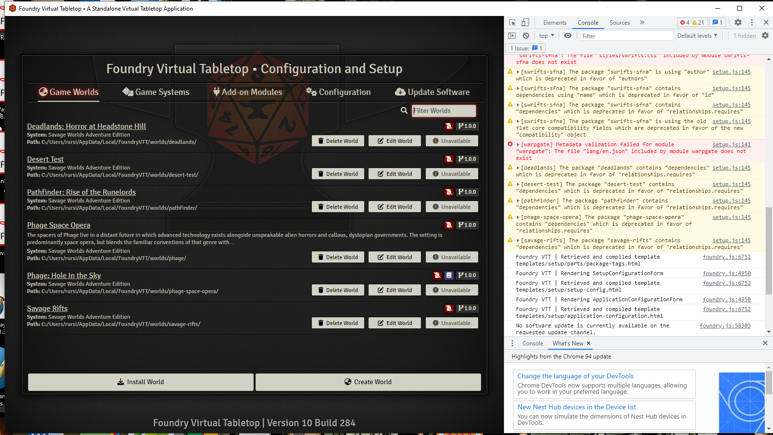 The game system update dialog is throwing errors when performing an