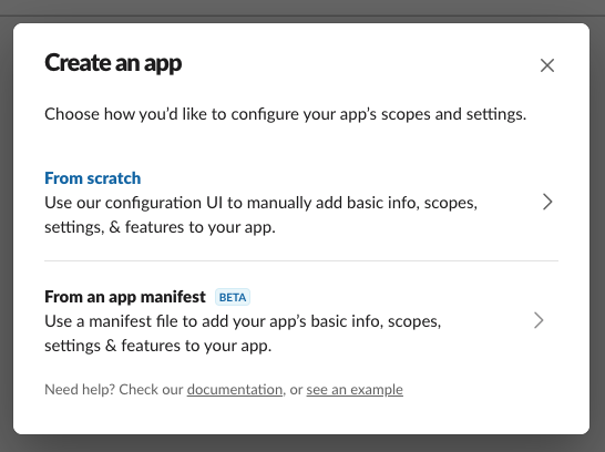 A screenshot showing the application type dialog for a new Slack app