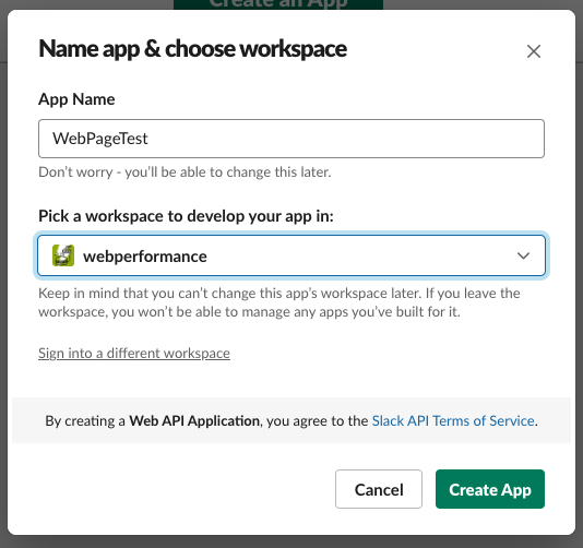 A screenshot showing the App Name and workspace selection