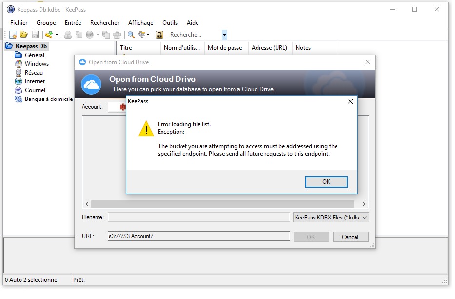 [Amazon S3] Cannot open bucket and acces db file (The bucket you are