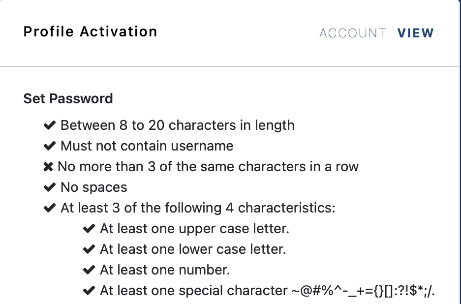 myaccountviewonline signup password requirements