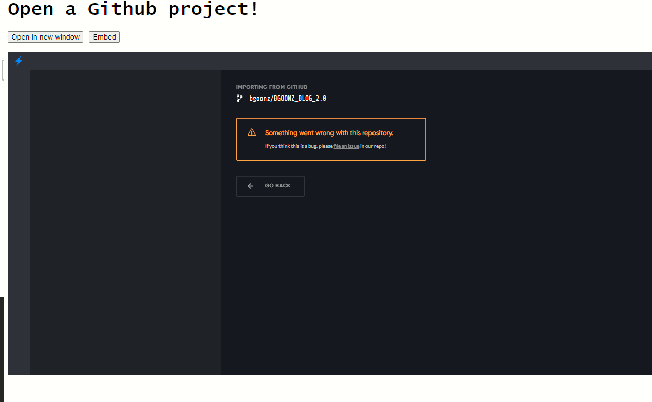 Error 'issue with this repo' · Issue #1529 · stackblitz/core · GitHub