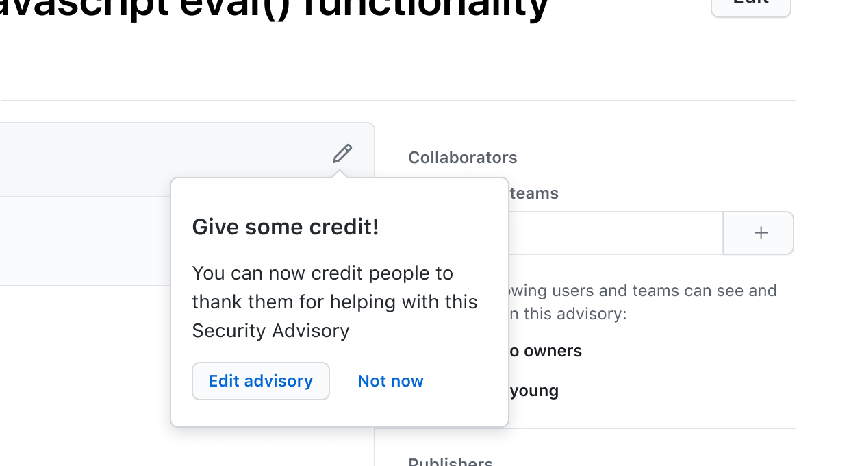 Example of a teaching bubble pointing out a new collaboration tool on GitHub