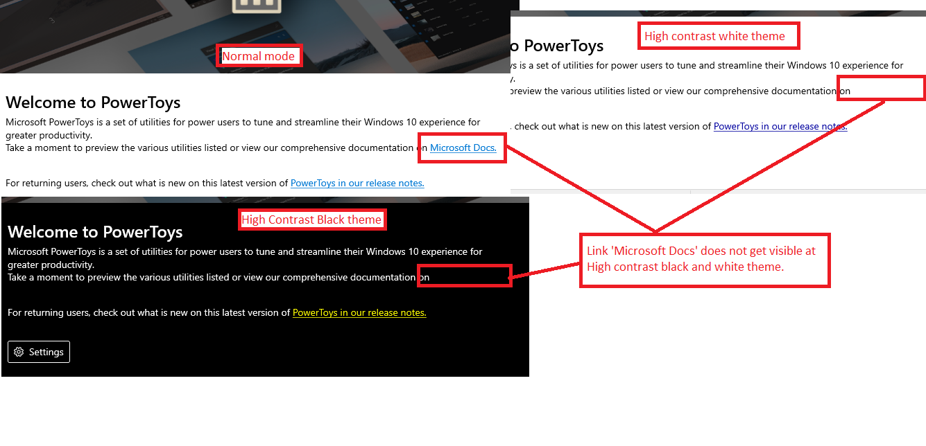 [Welcome to PowerToys]: Link 'Microsoft Docs' does not get visible at ...