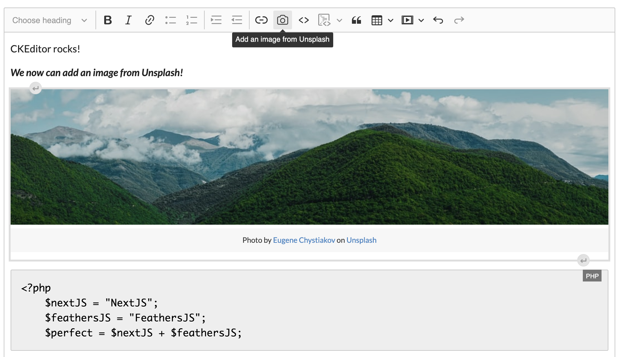 CKEditor 5 classic editor build screenshot - add an image from Unsplash 1