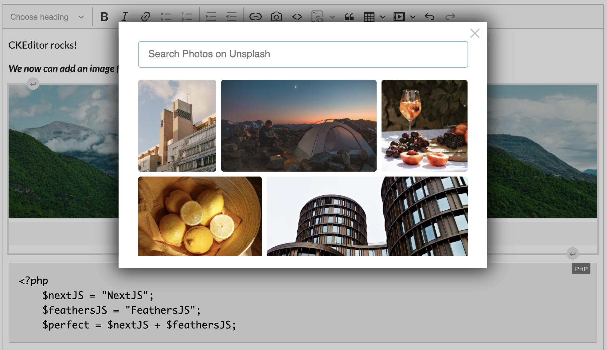 CKEditor 5 classic editor build screenshot - add an image from Unsplash 1