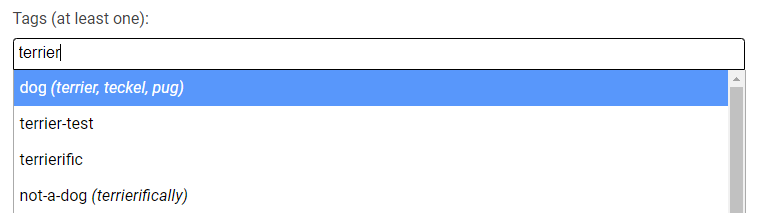example of tag search for terrier, showing how synonyms are displayed
