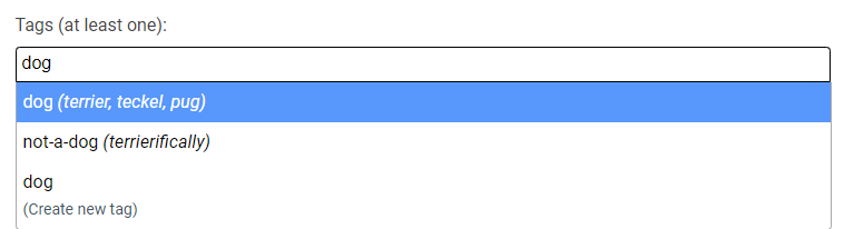 example of tag search for dog, showing how synonyms are displayed