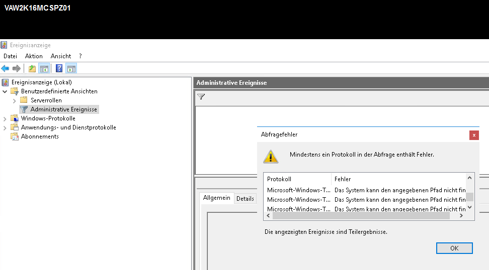 Eventviewer errors after redirecting event logs to writecache disk
