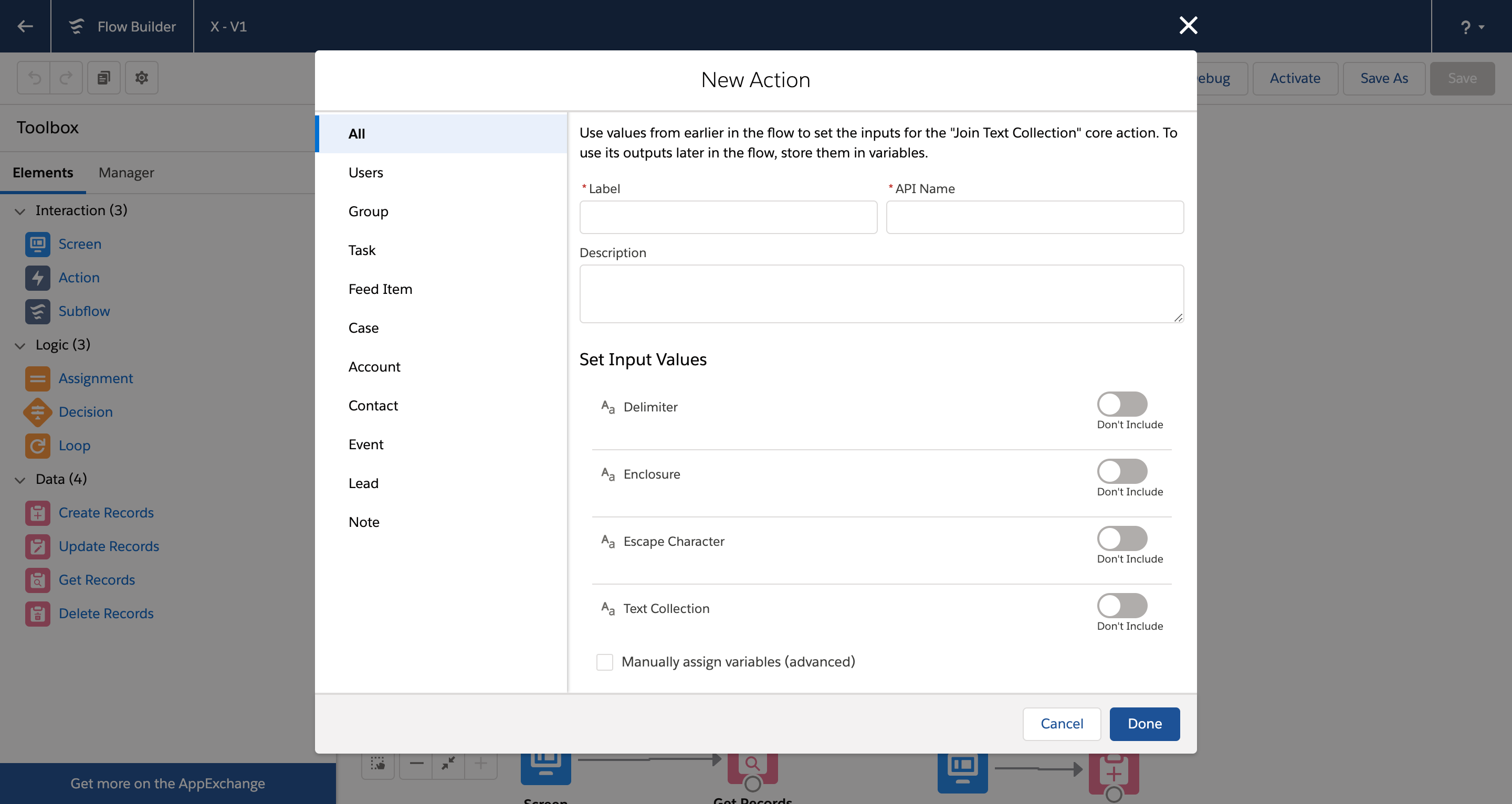 Join Text Collection action input values