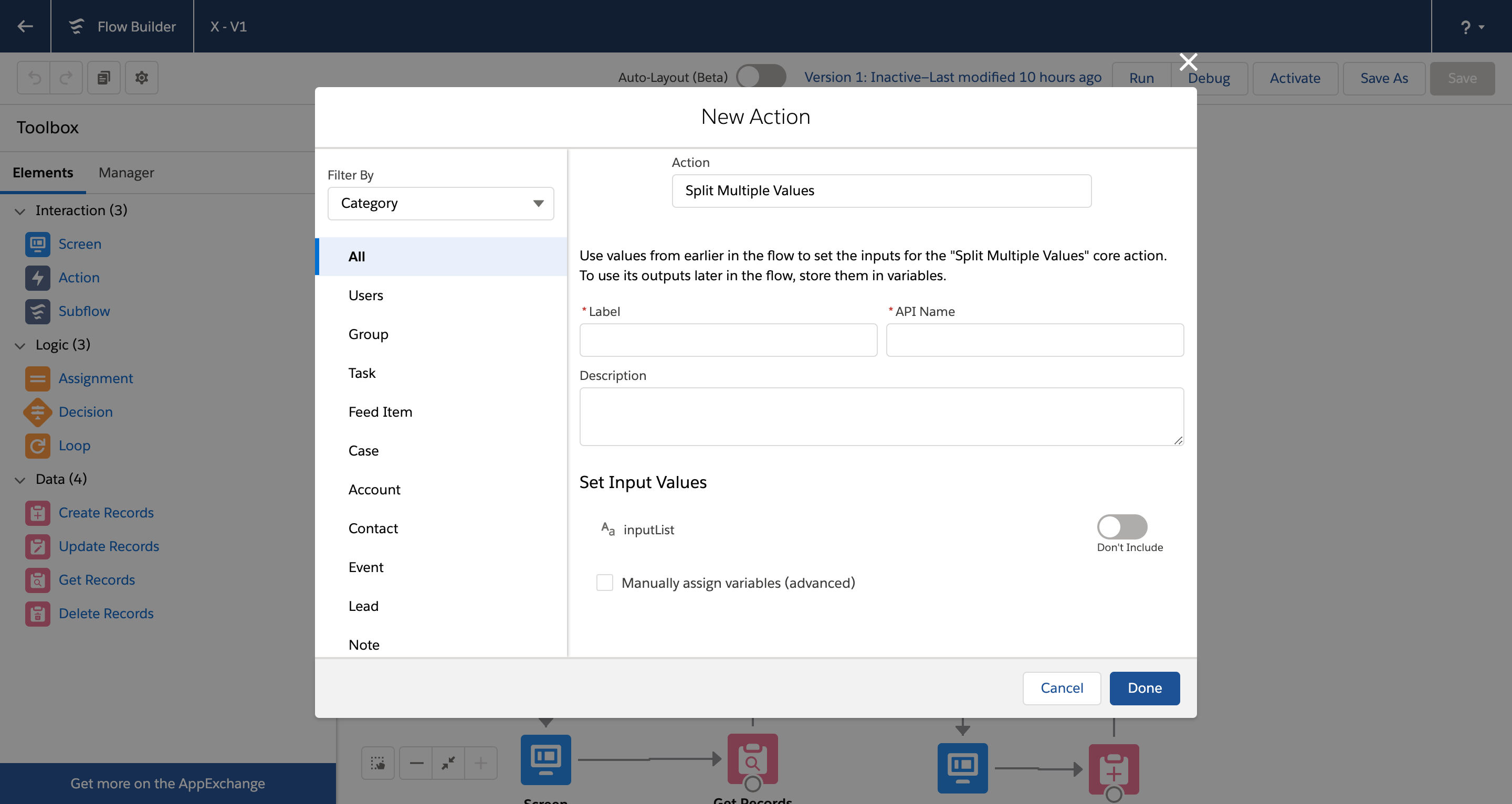 Split Multiple Values action input values