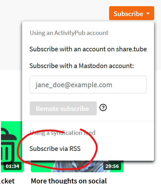 A screenshot of the RSS dropdown on PeerTube