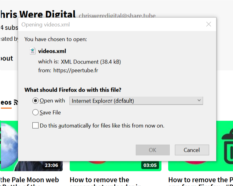 A screenshot of the RSS dropdown on PeerTube