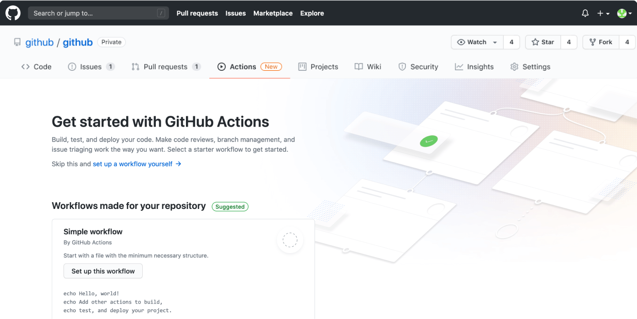 Screenshot of the empty state for GitHub actions