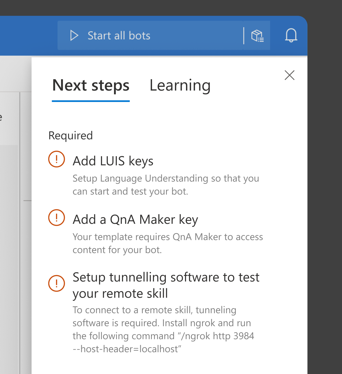 When testing a local bot connected to remote skills no guidance to ...
