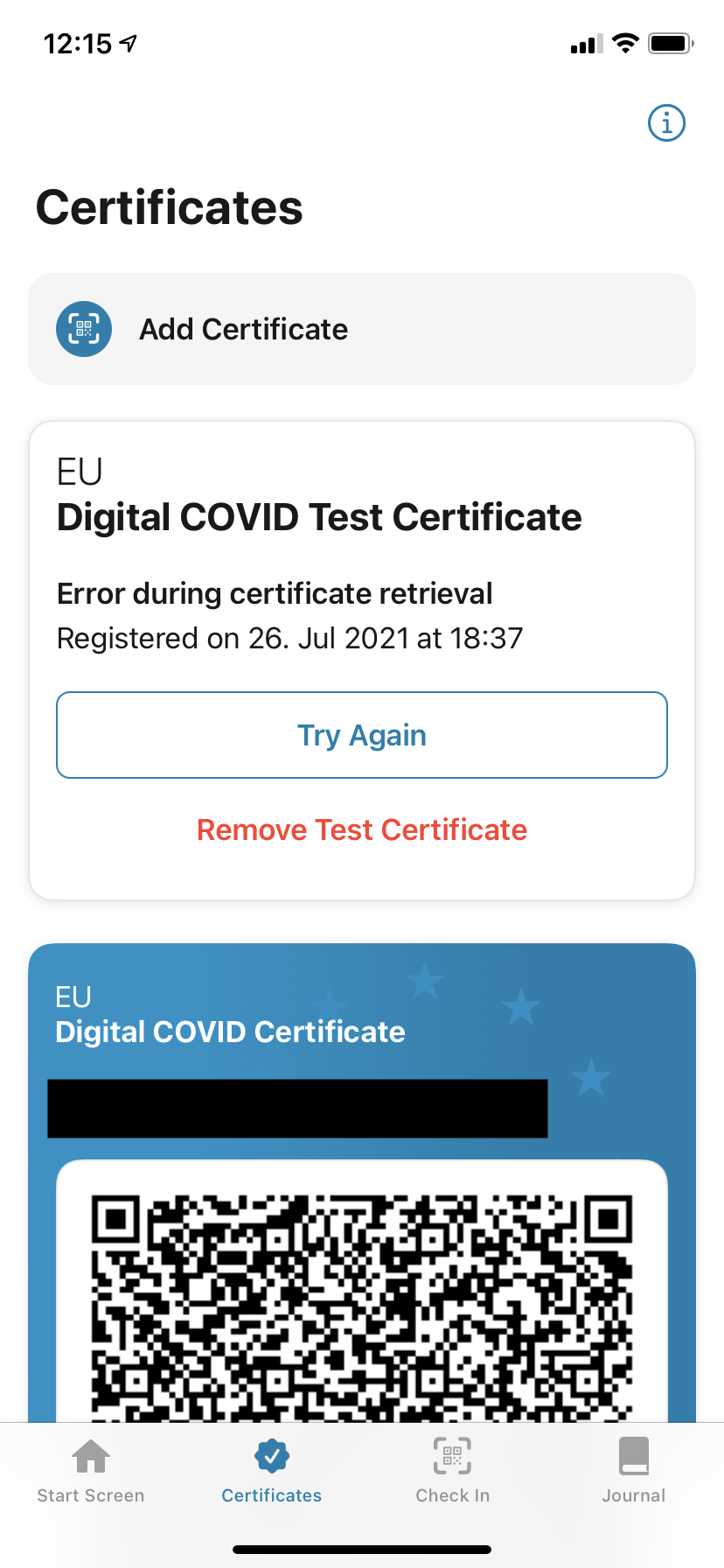 Test certificate for PCR test: 