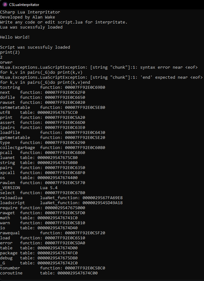 GitHub - aw-c/CSLuaInterpritator: Lua interpritator writen on C#.
