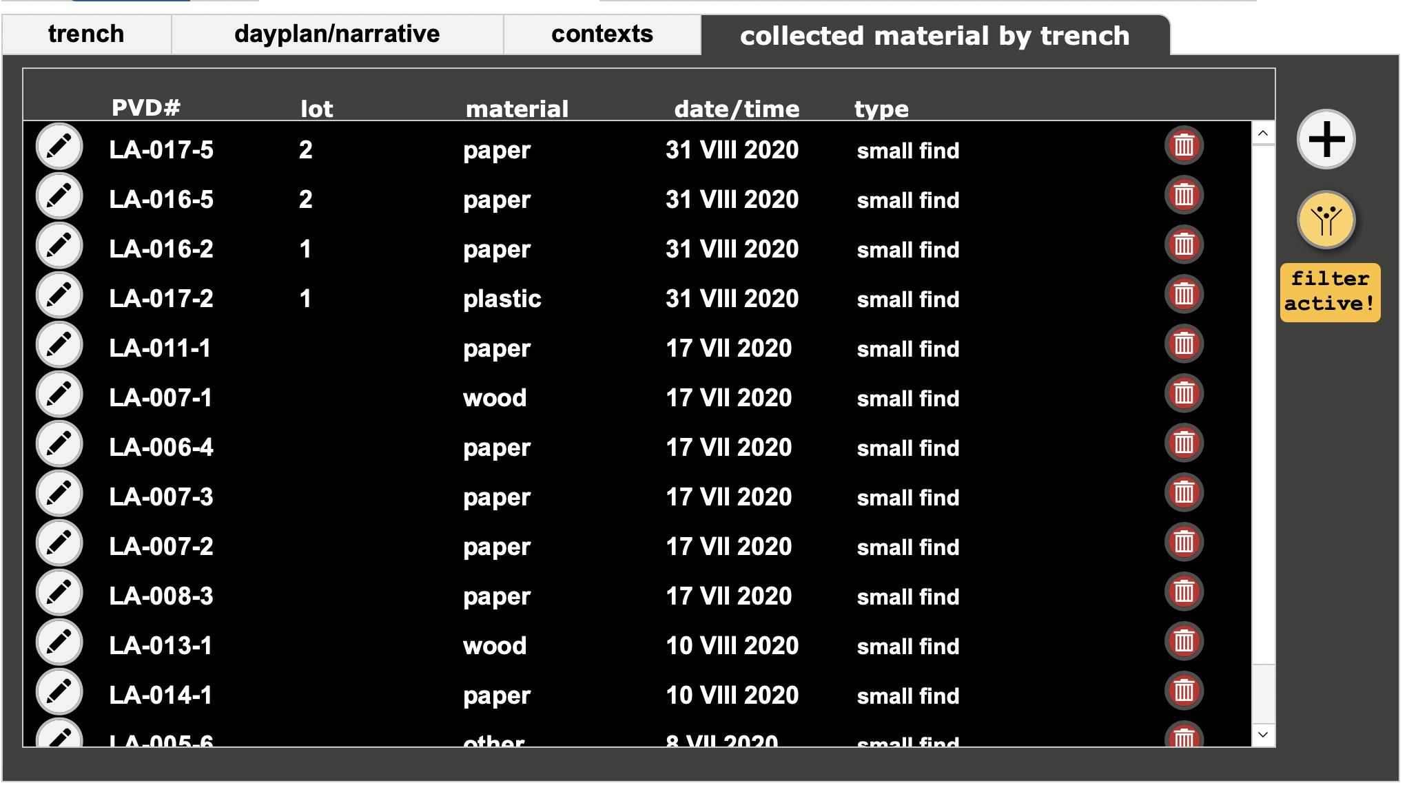 show list of collected material per unit in the collected material tab ...