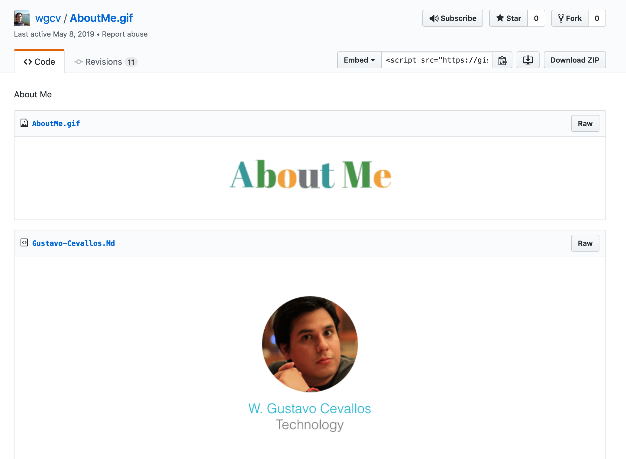Gustavo's 'About Me' gist shows a gif as the first file.