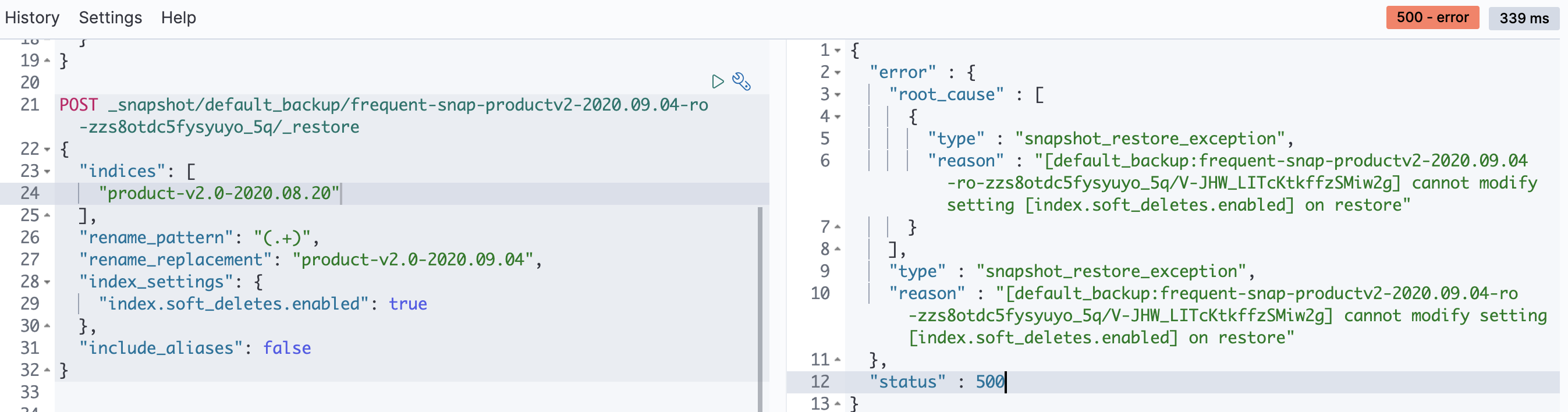 Unable to override index setting soft_delete when restoring snapshot
