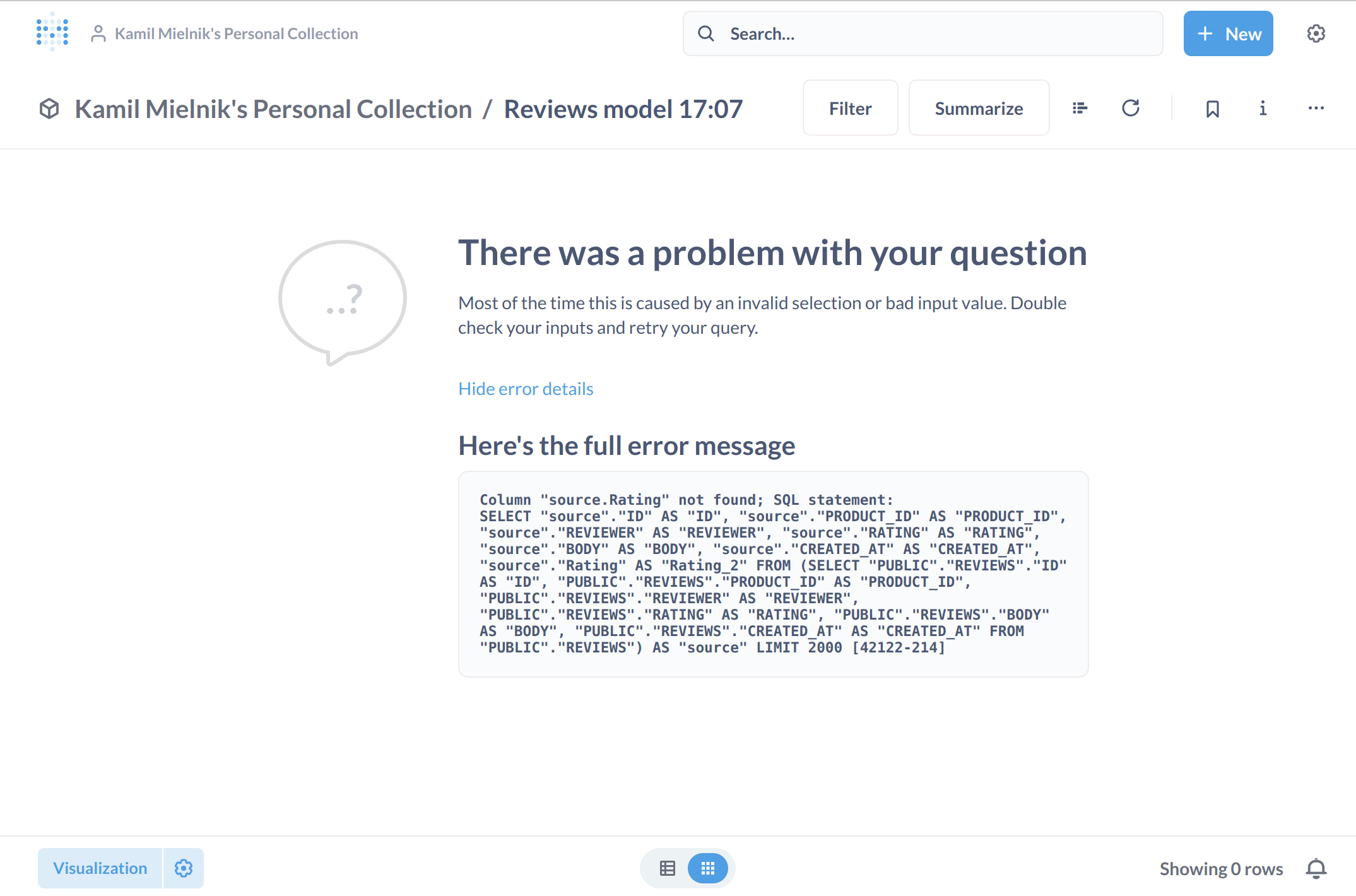 Error displaying reviews model issue 32666 metabase metabase github
