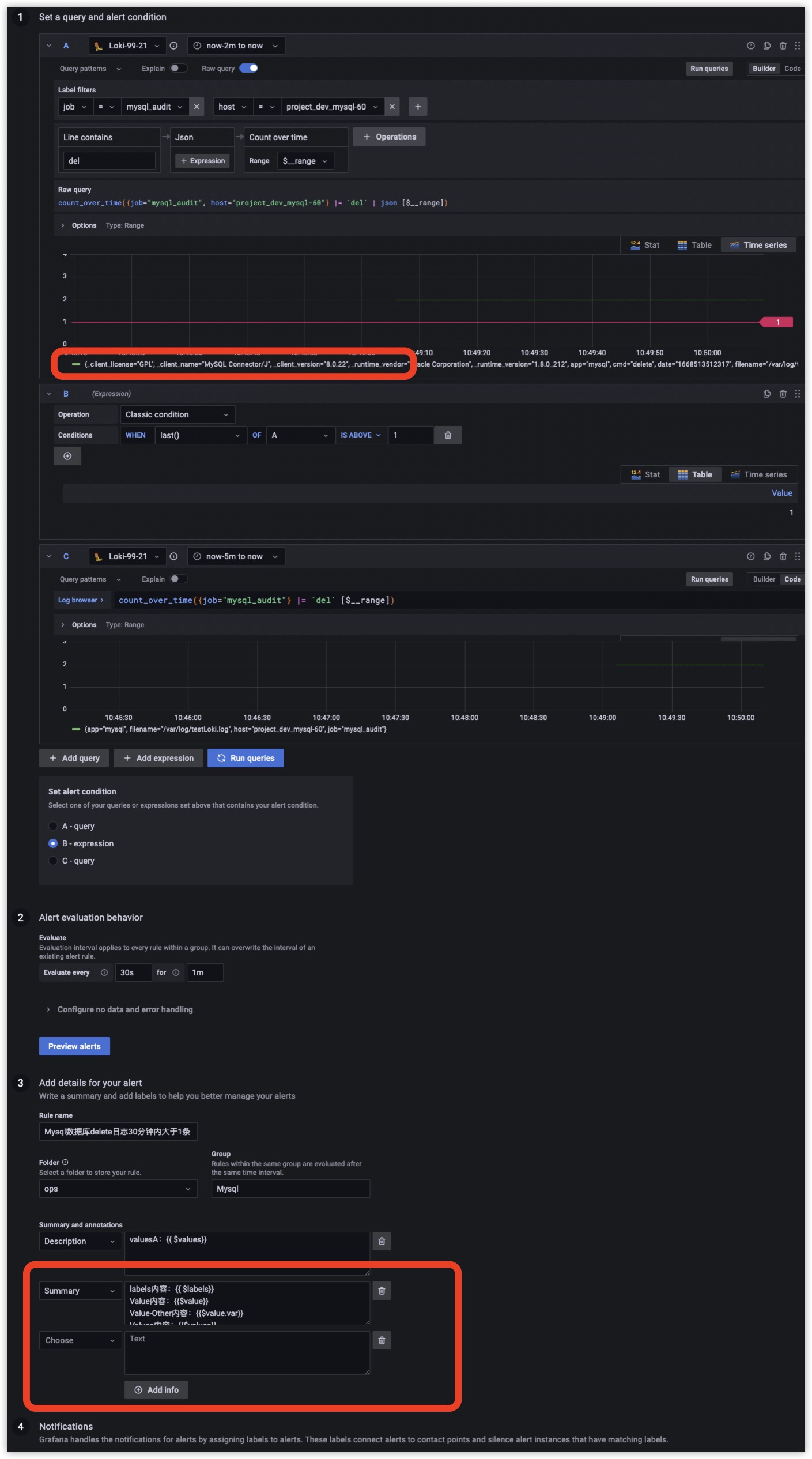 Grafana Alerting Rule $values and $value variable data cannot be used