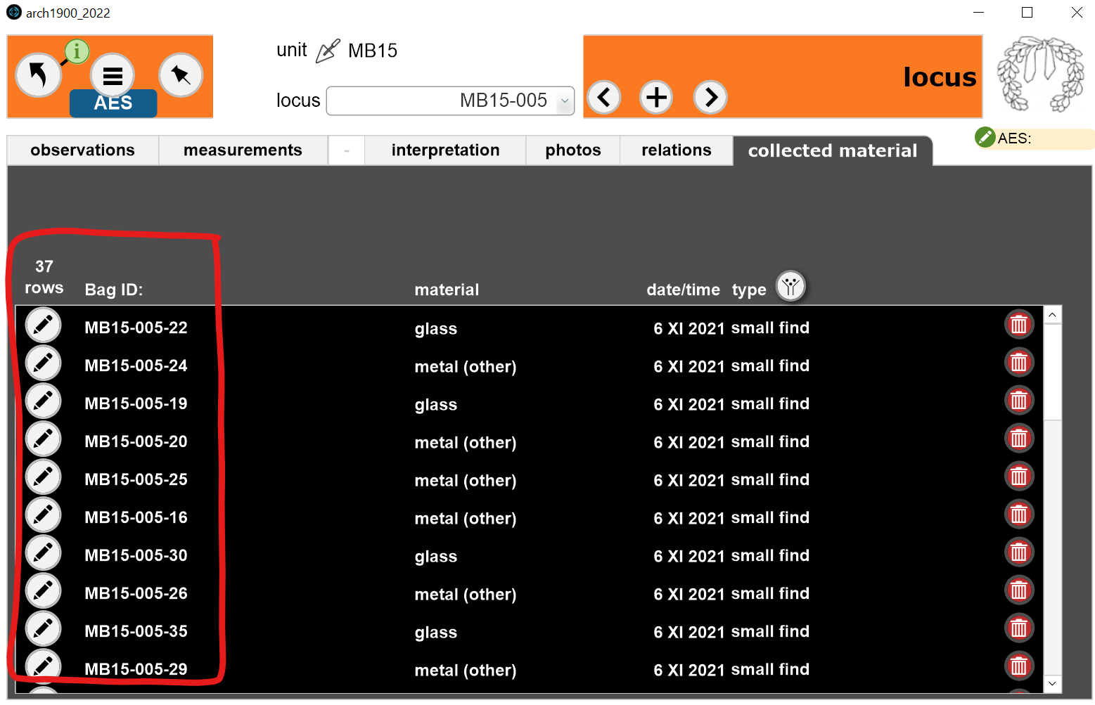 collected material should be organized by collected material number ...