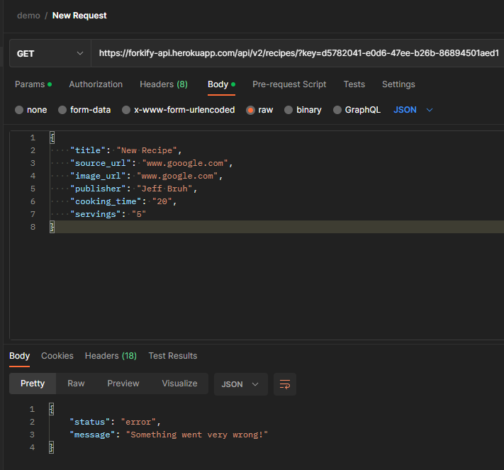 The add recipe endpoint for the forkify project is returning a 500