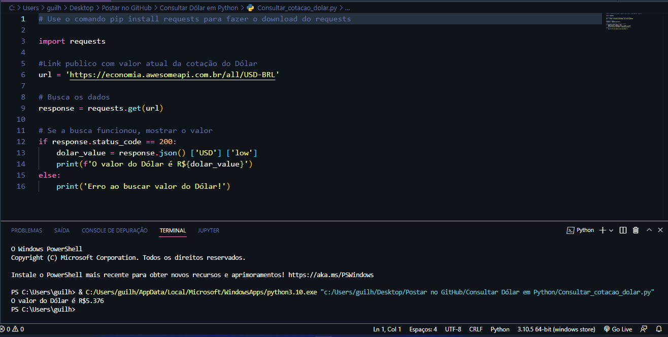 GitHub - Guilherme-Sbizero/Cotacao-Dolar: É um programa básico feito em ...