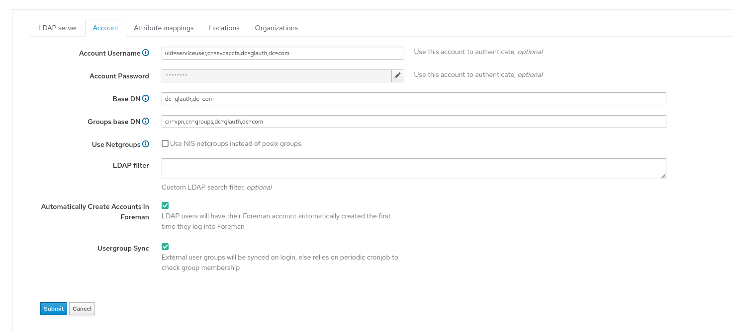 Configure glauth in foreman using `Groups base DN`, not `LDAP filter