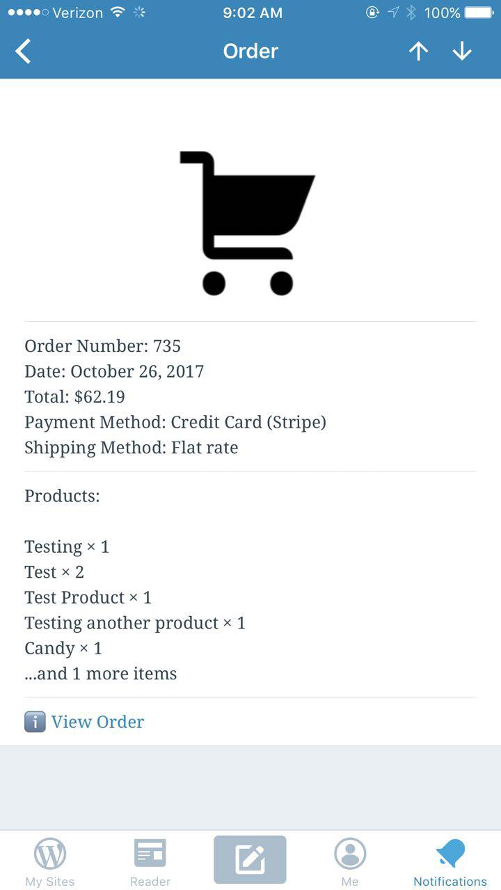 Orders: New order notification appears in notifications panel
