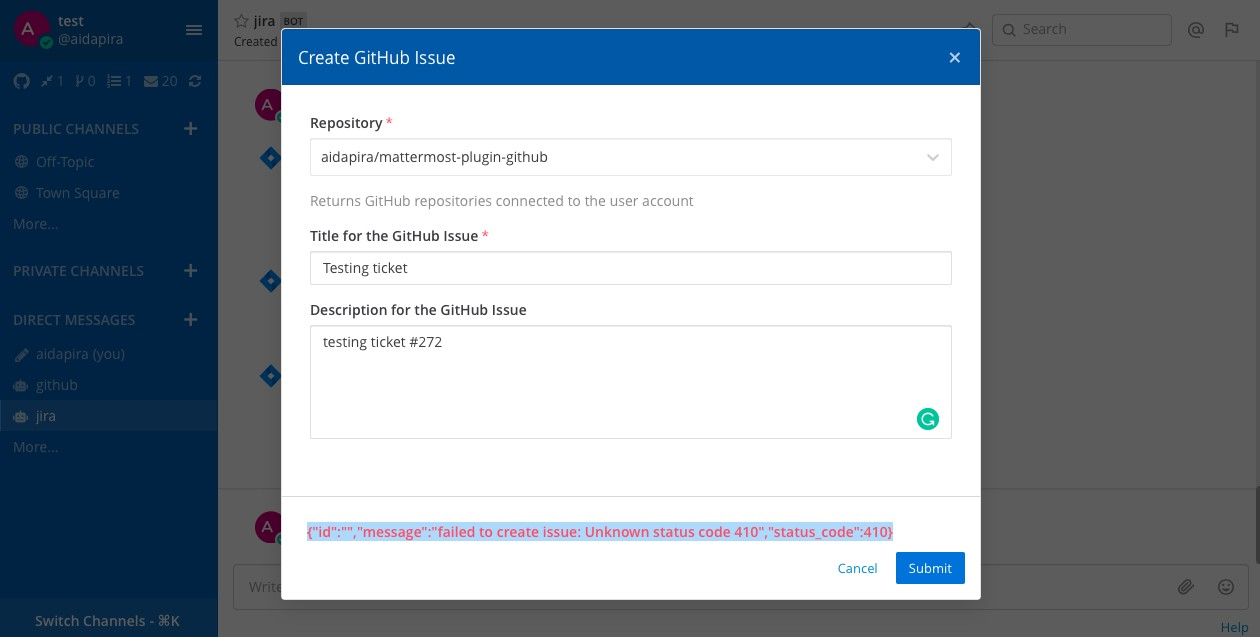 The error message display in the Create Issue modal displays as JSON ...