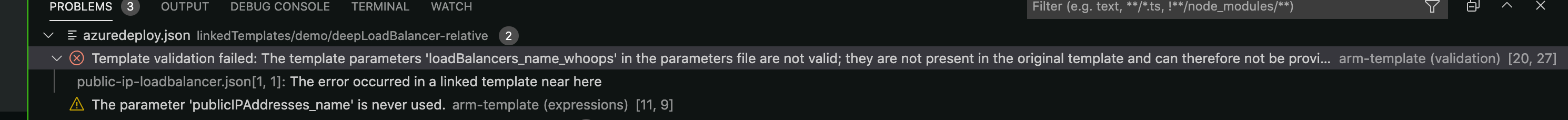 Error for extra/misnamed parameter value for linked template ...