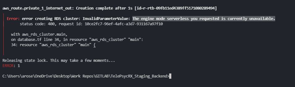 error creating RDS cluster: InvalidParametersValue: The