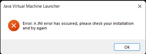 "Error: A JNI error has occured, please check your installation and try again."