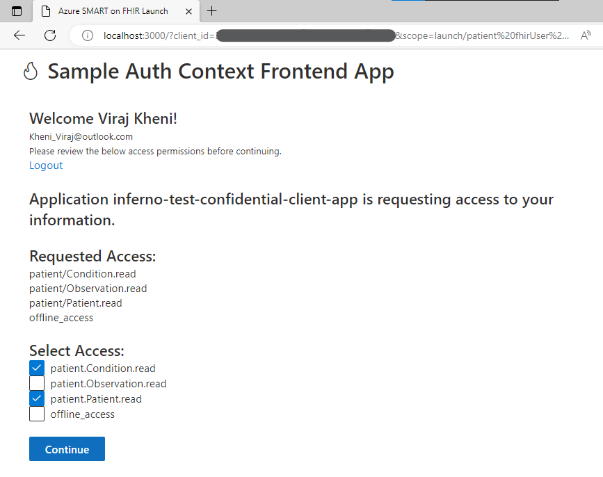 Error missing required parameters in URL (authcontextfrontendapp